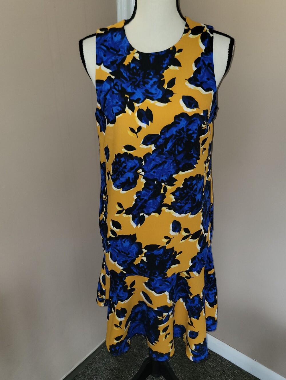 Yellow Shift Dress with Bold Blue Floral Print